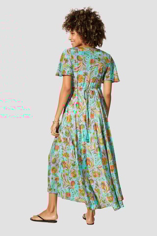 Vestido comprido - Turquesa - Branco, verde e laranja