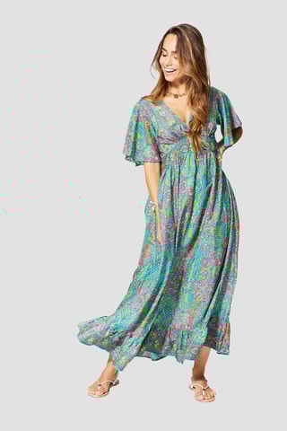 Vestido comprido - Azul - Azul, verde e amarelo