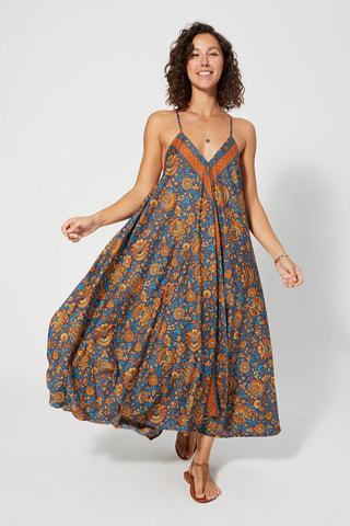 Vestido comprido - Azul e laranja - Bege, azul e laranja