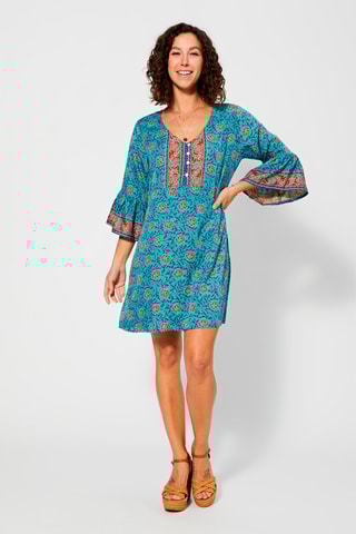 Vestido florido - Turquesa - Branco, azul e castanho