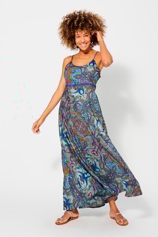 Vestido comprido - Turquesa e violeta - Vermelho, azul e verde