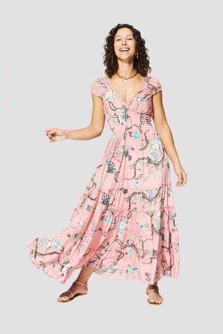 Vestido comprido - Rosa - Branco, azul e verde