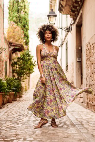 Vestido comprido - Rosa - Azul, verde e amarelo