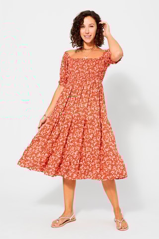 Vestido midi - Laranja e cru - Laranja