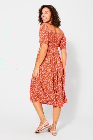 Vestido midi - Laranja e cru - Laranja