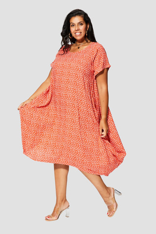 Vestido trapézio midi - Laranja - Branco e laranja