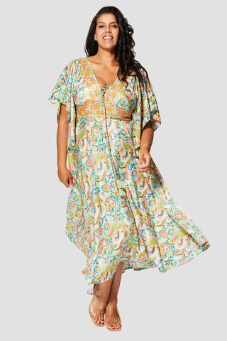 Vestido semi-comprido - Verde e laranja - Verde, laranja e rosa