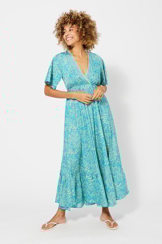 Vestido comprido Turquesa e bege - Bege e azul