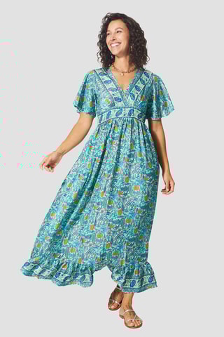 Vestido comprido - Turquesa e amarelo - Branco, azul e amarelo