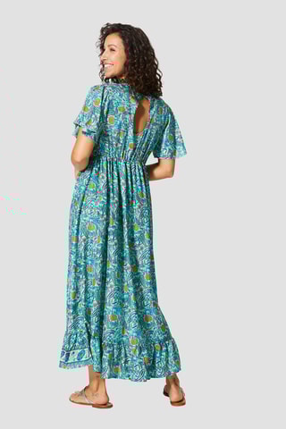 Vestido comprido - Turquesa e amarelo - Branco, azul e amarelo