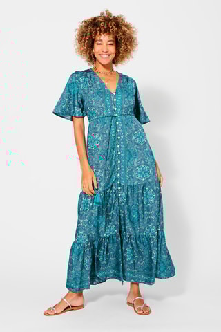 Vestido comprido Turquesa e branco  - Branco, azul e cinzento