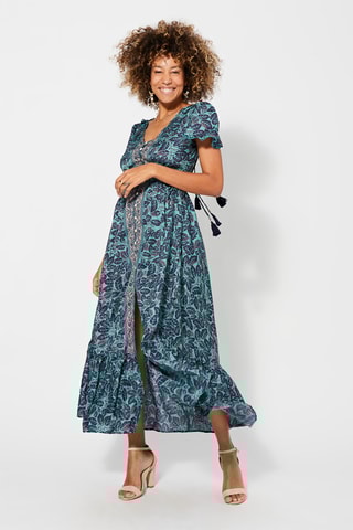 Vestido comprido - Turquesa e azul-marinho - Azul e rosa