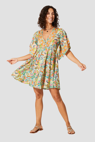 Vestido direito - Turquesa e verde - Azul, verde e laranja