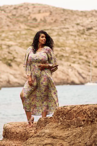 Vestido comprido - Rosa - Branco, verde e amarelo