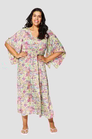 Vestido comprido - Rosa - Branco, verde e amarelo