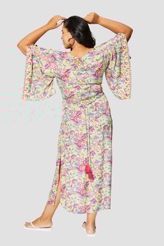 Vestido comprido - Rosa - Branco, verde e amarelo