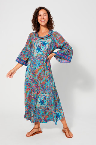 Vestido comprido Turquesa e laranja - Azul, laranja e violeta