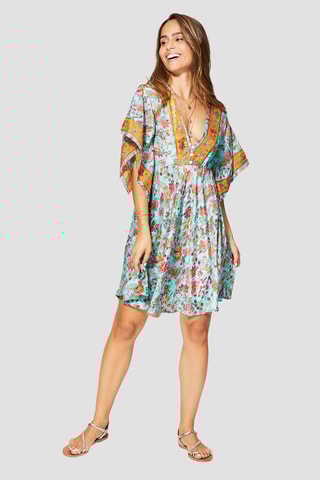 Vestido direito - Turquesa - Vermelho, azul e amarelo