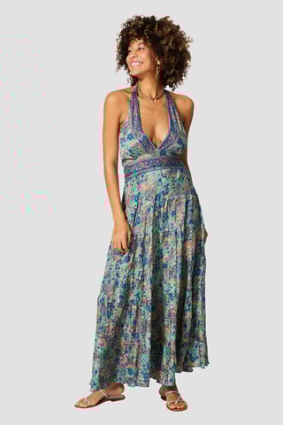 Vestido comprido - Azul e bege - Bege, azul e rosa