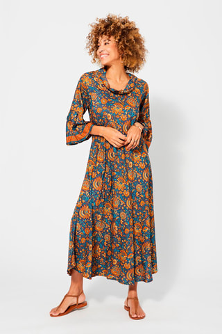 Vestido midi - Azul, amarelo e castanho