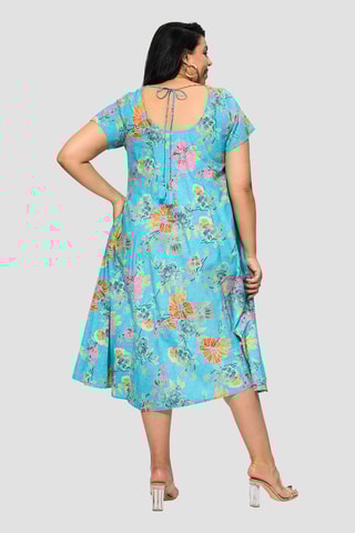 Vestido trapézio - Azul - Azul, verde e laranja