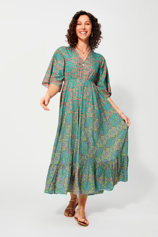 Vestido comprido Turquesa - Bege, azul e amarelo