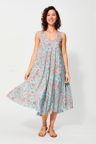 Vestido trapézio Turquesa e fúcsia - Bege, azul e rosa