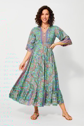 Vestido comprido Turquesa - Azul, amarelo e rosa