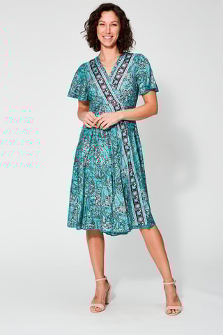 Vestido traçado Turquesa e bordô - Bege, vermelho e azul