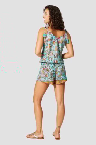 Macacão curto - Turquesa e rosa - Amarelo, rosa e cinzento