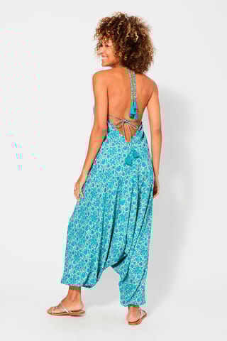 Macacão florido - Branco e turquesa - Branco, bege e azul