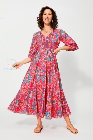 Vestido midi Fúcsia e turquesa - Bege, vermelho e azul