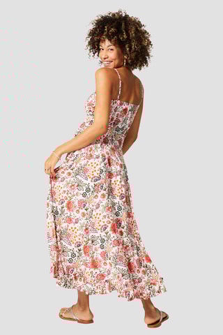 Vestido midi sem mangas - Branco, laranja e rosa