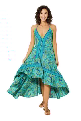 Vestido comprido sem mangas - Azul, bege e castanho