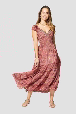 Vestido comprido - Rosa, bege e azul