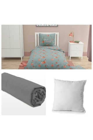 Juego de cama de algodón 57 hilos/cm² y almohada de microfibra - Verde y gris