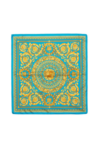 Lenço quadrado de seda - Turquesa e dourado