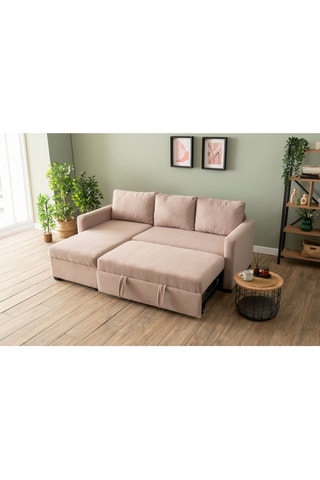 Canapé d'angle gauche convertible - Beige - 3 places - Revêtement en polyester