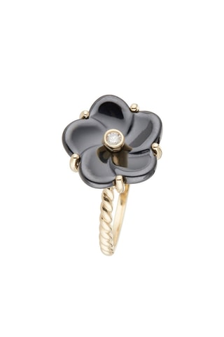 Anillo Fleur Noir - Oro amarillo, cerámica y diamantes