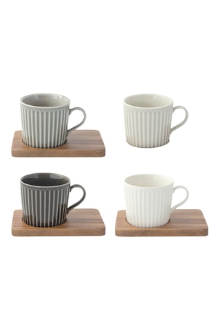 4 tazas de café de porcelana y 4 bandejas de acacia Take a break