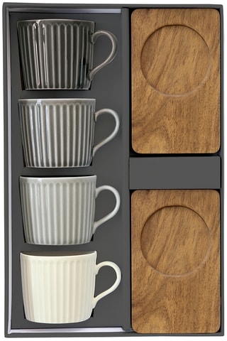 4 tazas de café de porcelana y 4 bandejas de acacia Take a break