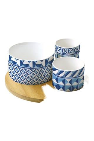 Vajilla de porcelana y bambú Geometric Blue - 4 piezas