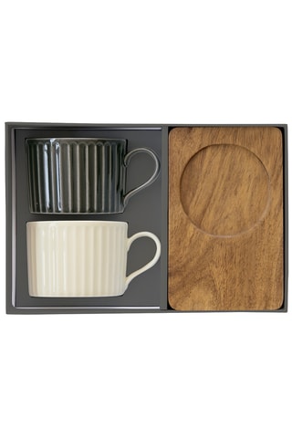 2 tazas de porcelana y 2 bandejas de acacia Take a break