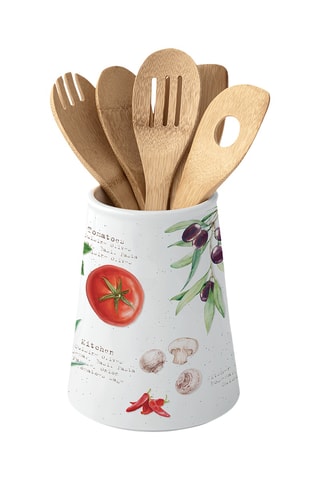 Portautensilios de porcelana y 5 espátulas de madera Home and Kitchen - 15 x 19 x 15 m