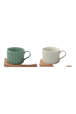 2 tazas de porcelana y 2 bandejas de acacia Take a break