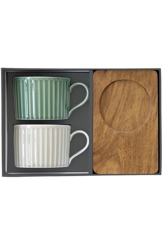 2 tazas de porcelana y 2 bandejas de acacia Take a break