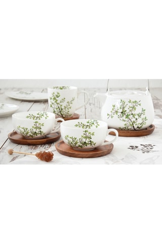 Taza y platillo de porcelana y madera de acacia Natura
