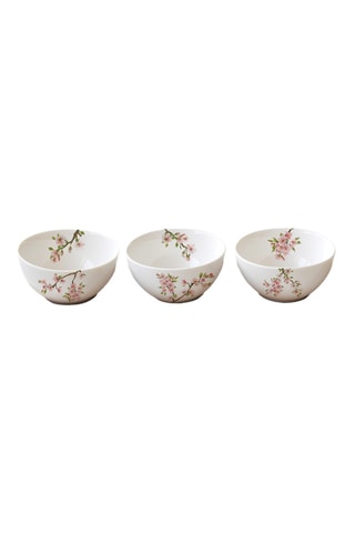 3 boles de porcelana y bandeja de madera de acacia Sakura