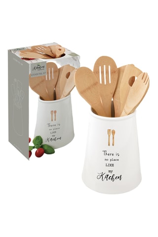 1 portautensilios de porcelana y 5 utensilios de bambú Kitchen Elements