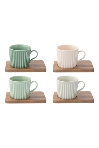 4 tazas de café de porcelana y 4 bandejas de acacia Take a break
